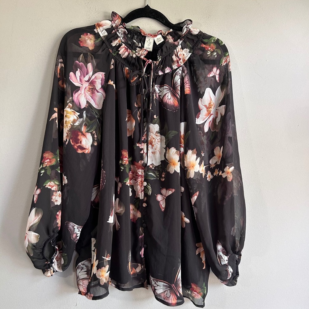 Joie Floral Butterfly Print Blouse Black Sheer Ruffle Tie Neck Bishop Sleeve L